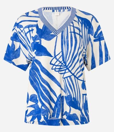 Blusa Manga Corta con Escote V y Estampa de Follaje