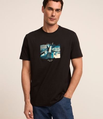 Remera en Algodón con Estampa de Guitarra Vintage