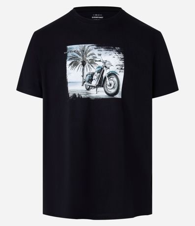 Remera Comfort en Algodón con Estampa de Moto en Paisaje