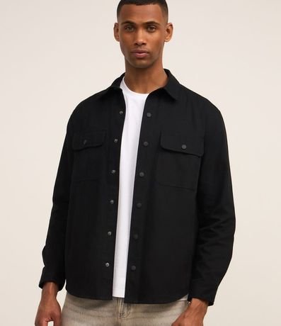 Camisa en Sarga con Botones y Bolsillos