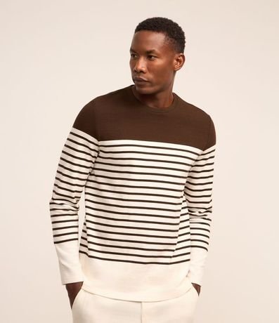 Remera en Algodón con Estampado Rayado y Bloques de Color