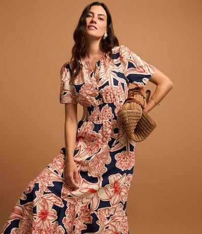 Vestido Evasê Largo Midi en Tricolina con Follajes Estampadas