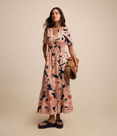 Vestido Evasê Largo Midi en Tricolina con Follajes Estampadas 2