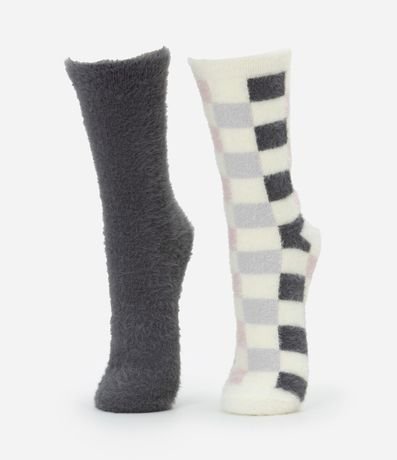 Kit 02 Medias Caña Larga con Pelitos y Estampa de Cuadros