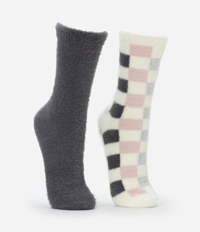 Kit 02 Medias Caña Larga con Pelitos y Estampa de Cuadros 2