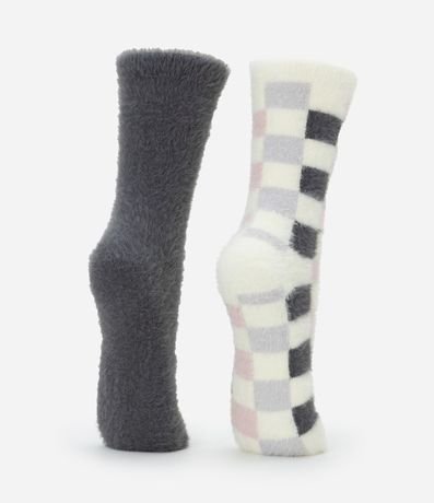 Kit 02 Medias Caña Larga con Pelitos y Estampa de Cuadros 3