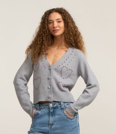 Cardigan Corto en Punto con Pedritas Bordadas