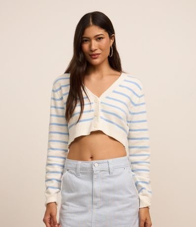 Cardigan Cropped en Chenille con Rayas y Botones