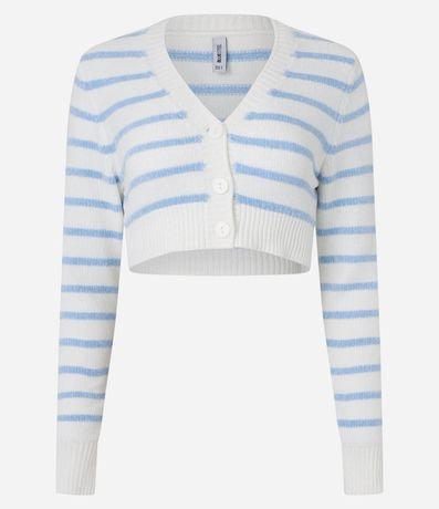 Cardigan Cropped en Chenille con Rayas y Botones 4