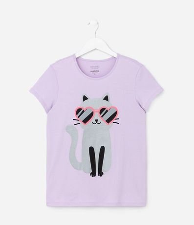 Remera Infantil en Algodón con Estampa Gato de Lentes - Talle 5 a 14 años