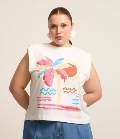 Blusa Muscle Tee con Estampa de Cocotero y Lentejuela Curve & Plus Size