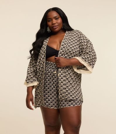 Kimono en Viscosa Estampada Cuadriculada y Flecos Curve & Plus Size