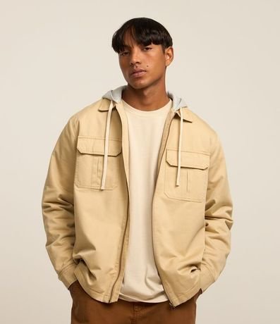 Campera Trucker en Sarga con Capucha Algodón y Bolsillo Cargo