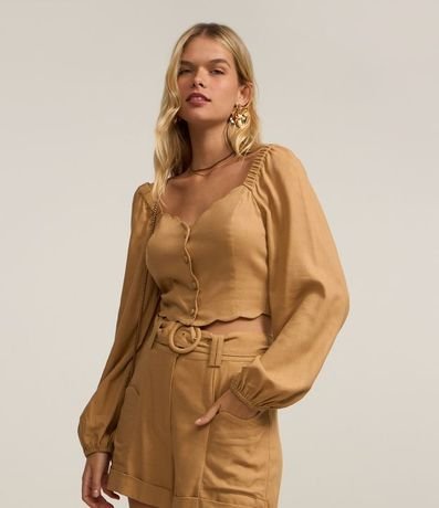 Blusa Cropped en Viscosa y Lino con Botones