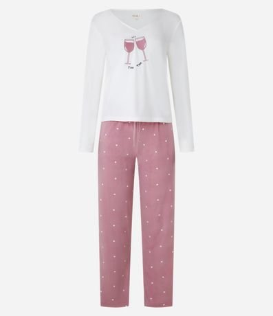 Pijama Largo Plush con Estampa de Lunares y Lettering Un Café