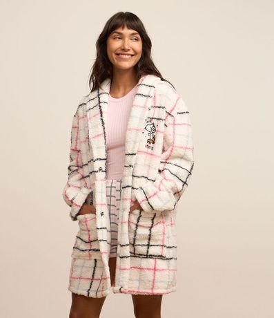 Bata de Baño corto en Fleece de Cuadros con Bordado Snoopy y Bolsillos