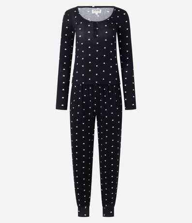 Pijama Largo en Rib Estampa Corazón