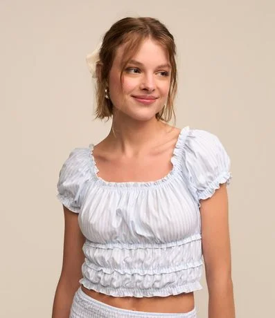 Blusa en Tricolina con Escote Elástico y Detalles Frufru
