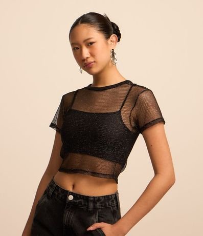Blusa Cropped en Hilo Metalizado con Top Interior