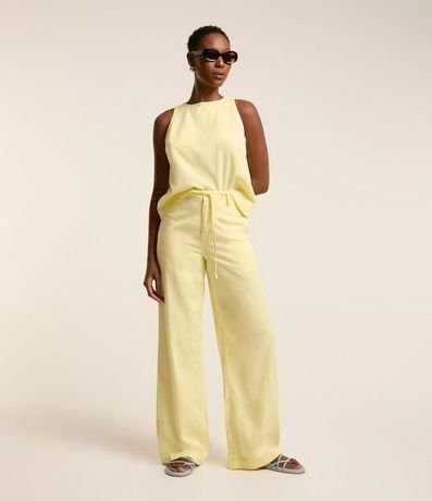 Pantalón Wide Leg en Sarga con Cordón en la Cintura