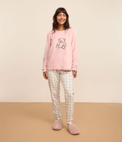 Pijama Largo en Fleece con Estampa de Osito y de Cuadros