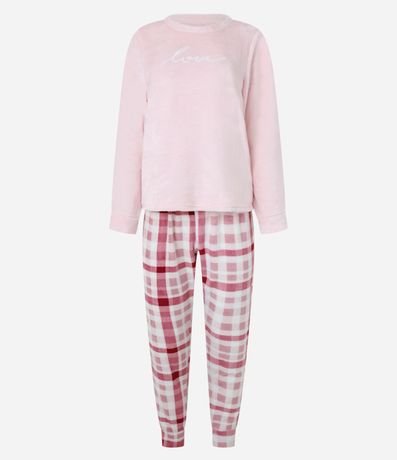 Pijama Largo en Fleece de Cuadros con Bordado Love