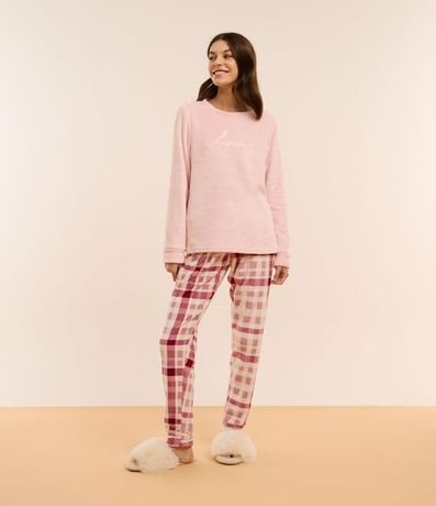 Pijama Largo en Fleece de Cuadros con Bordado Love