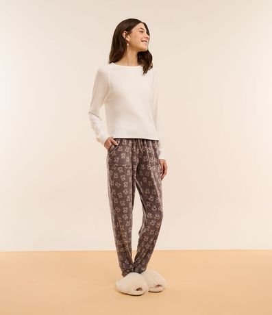 Pijama Largo en Plush con Estampa de Osito y Bolsillo
