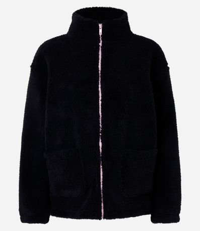 Bata de Baño Chaqueta en Fleece con Cremallera Contrastante y Manga larga