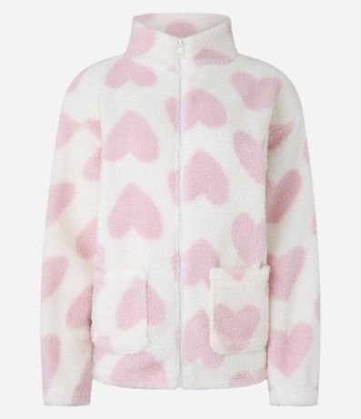 Bata de Baño Chaquetita en Freece con Estampa de Corazón y Bolsillos