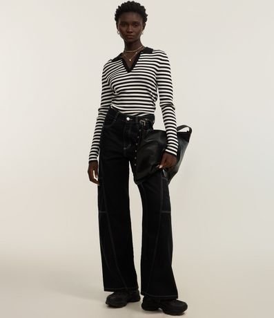Blusa de Punto Rayado con Cuello Polo 2
