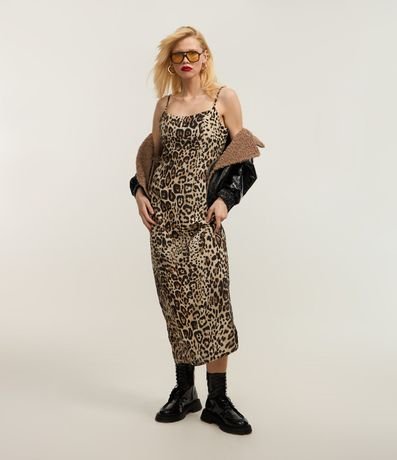Vestido New Midi Satinado con Estampa Animal Print