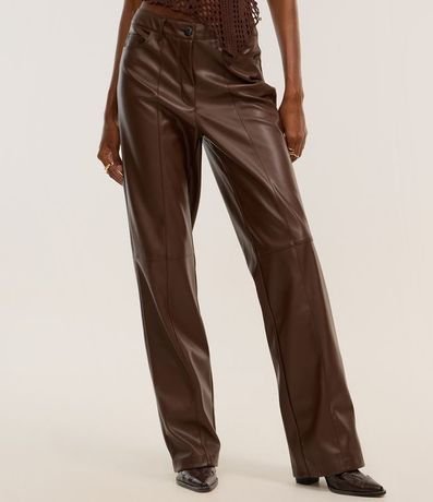 Pantalón Recto en PU con Fenda y Bolsillos 3