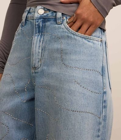 Pantalón Wide Leg en Jeans con Ondas de Brillos Aplicados 4