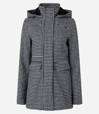 Campera Alargada en Polivelour de Cuadros Pied-de-Poule con Capucha