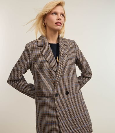 Blazer Largo Sastre Polivelour de Cuadros con Bolsillos