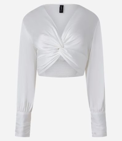 Blusa Cropped Satinada con Nudo Delantero y Puños Drapeados 6