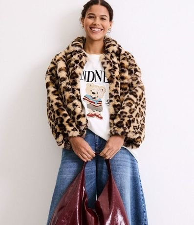 Saco Peluche con Bolsillos y Estampa de Leopardo