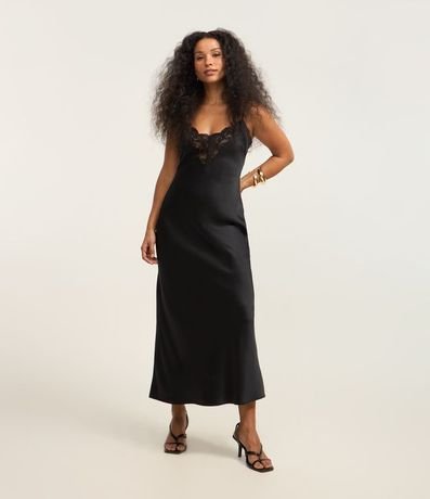 Vestido New Midi en Satén con Detalle de Encaje en el  Busto