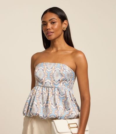 Blusa Globo sin Breteles en Tela Satinada con Estampa Abstracta