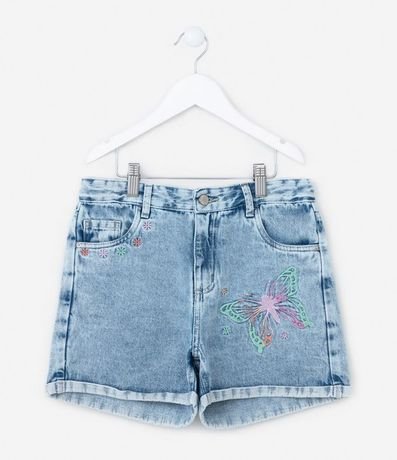 Short Infantil en Jeans con Bordado de Mariposa - Talle 5 a 14 años