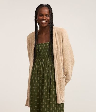 Cardigan Alargado en Chenille Canalé con Bolsillos Delanteros