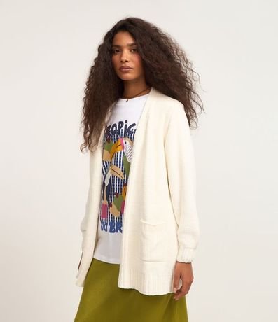 Cardigan Alargado en Chenille Canalé con Bolsillos Delanteros
