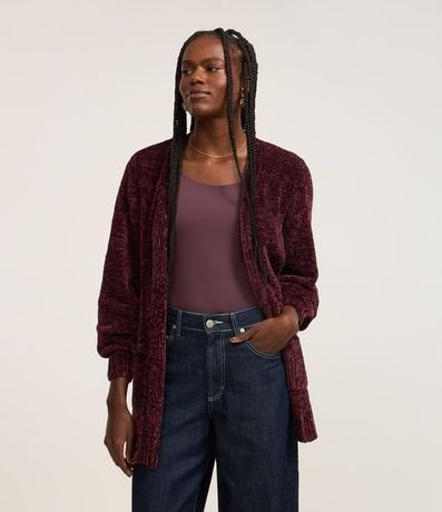 Cardigan Alargado en Chenille Canalé con Bolsillos Delanteros