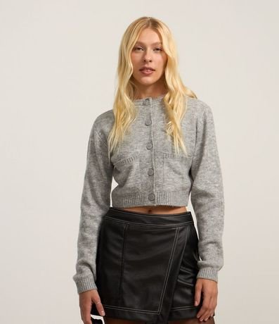 Cardigan Cropped en Punto con Bolsillos y Botones Delanteros