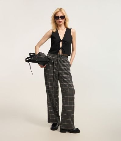 Pantalón Pantalona en Polivelour Flanelado y Estampada de Cuadros