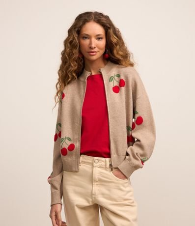 Cardigan en Punto con Estampa de Cereza y Cremallera