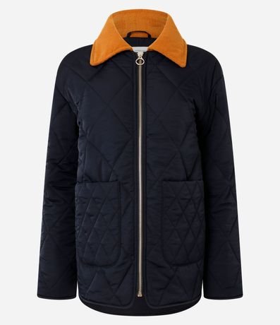Campera Puffer Alargada con Cuello en Terciopelo Contrastante