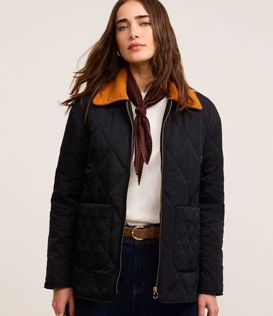 Campera Puffer Alargada con Cuello en Terciopelo Contrastante