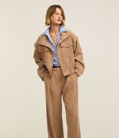 Pantalón Recto Cintura Alta en Terciopelo Cotelê con Pliegues 2